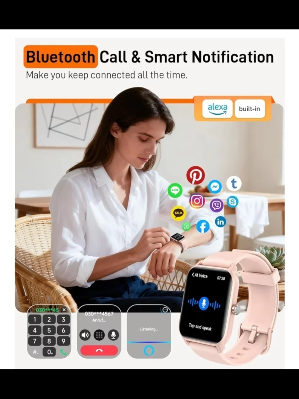 Rose Pink Silicone Smartwatch with Heart Rate & Notifications